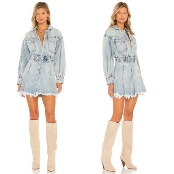 Free People Dresses & Skirts - Free People Denim Dress Fringe Size Large Chain of Command Blue Jean Button Down